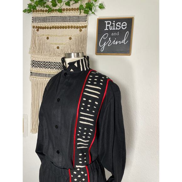 Unisex Vintage Linen Cotton Black & Red Tribal Ethnic Shirt & Pant Set Suit M - Picture 14 of 16